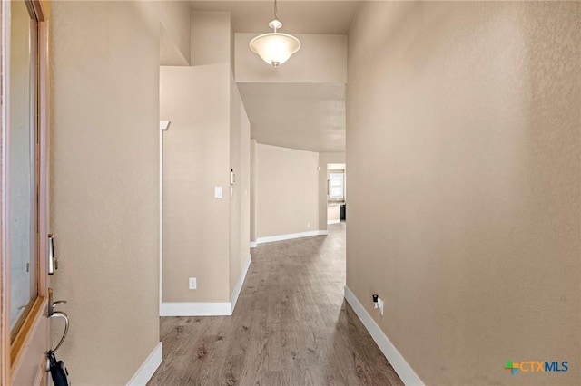 hallway with baseboards and wood finished floors