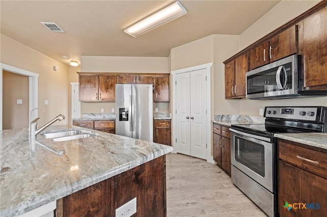 kitchen featuring light wood-style flooring, stainless steel appliances, a sink, visible vents, and light stone countertops