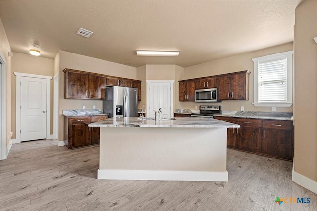 kitchen with dark brown cabinetry, visible vents, and appliances with stainless steel finishes