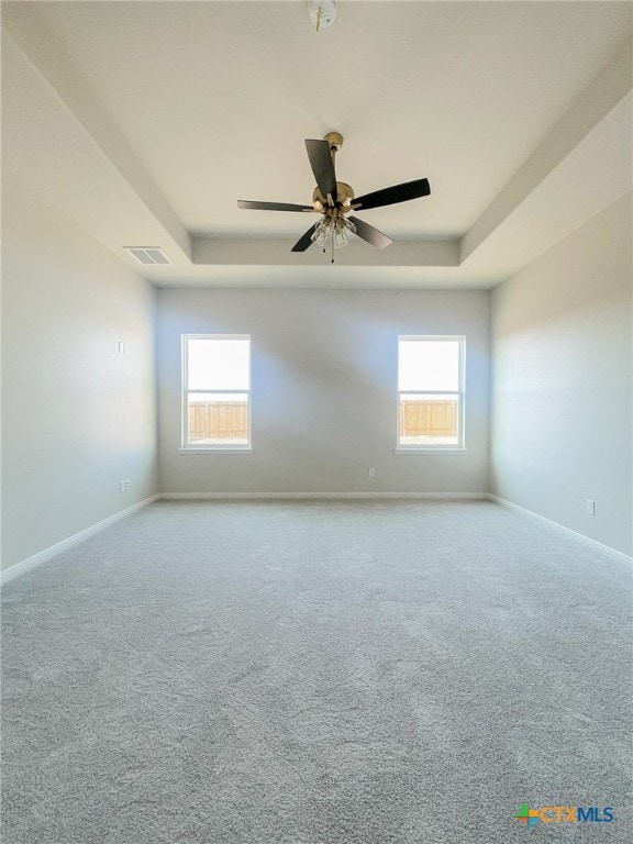 unfurnished room featuring a wealth of natural light, ceiling fan, and a raised ceiling