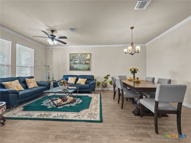 1306 Torino St, Harker Heights, TX 76548 - living area with a chandelier, ornamental molding, wood finished floors, baseboards, and ceiling fan