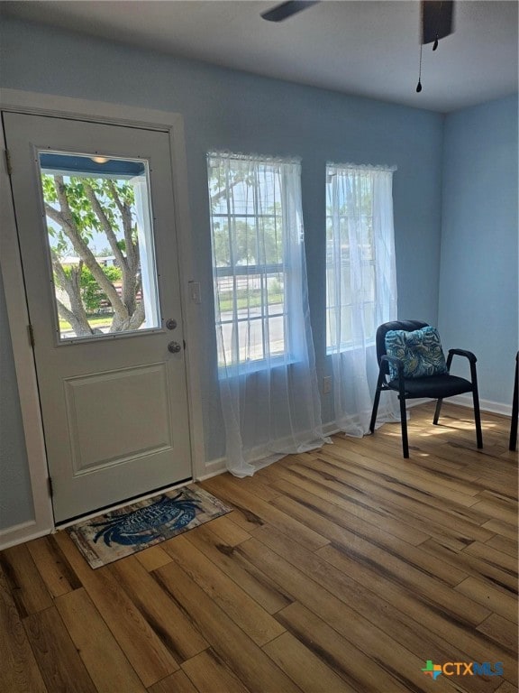 doorway featuring wood-type flooring and ceiling fan