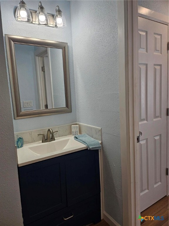 bathroom with hardwood / wood-style flooring and vanity