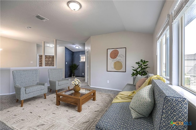 living room with a healthy amount of sunlight, a textured ceiling, and lofted ceiling