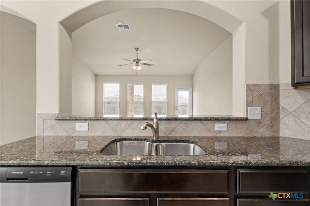 3411 Aubree Katherine Dr, Killeen, TX 76542 - kitchen featuring stainless steel dishwasher, ceiling fan, tasteful backsplash, and dark brown cabinets