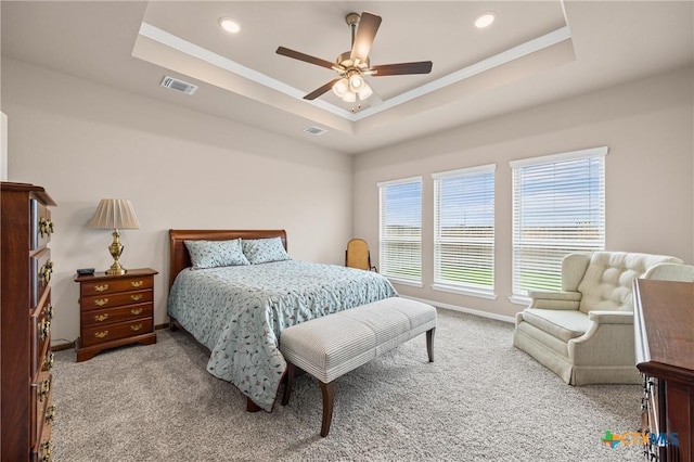 7109 Hammermill Ln, Temple, TX 76502 - carpeted bedroom featuring a raised ceiling, ornamental molding, recessed lighting, and ceiling fan