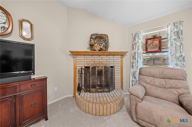 2903 Curtis Dr, Copperas Cove, TX 76522 - living room with lofted ceiling, light colored carpet, and a brick fireplace