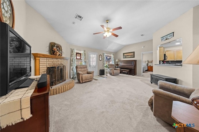 2903 Curtis Dr, Copperas Cove, TX 76522 - living area with a brick fireplace, carpet, vaulted ceiling, and ceiling fan