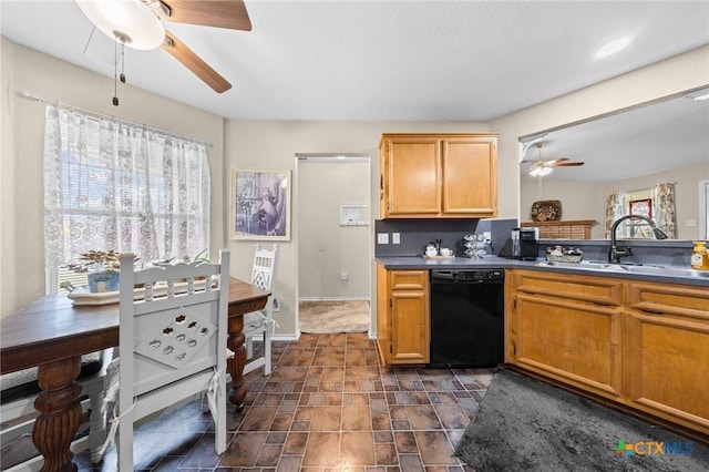2903 Curtis Dr, Copperas Cove, TX 76522 - kitchen featuring dishwasher, ceiling fan, dark countertops, and stone finish flooring