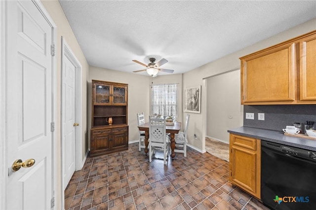 2903 Curtis Dr, Copperas Cove, TX 76522 - kitchen featuring dishwasher, a ceiling fan, dark countertops, and a textured ceiling