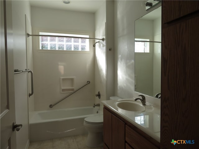 full bathroom with toilet, tile patterned floors, tub / shower combination, and vanity