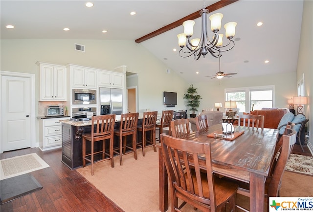 dining area featuring high vaulted ceiling, beamed ceiling, dark hardwood / wood-style floors, and ceiling fan with notable chandelier