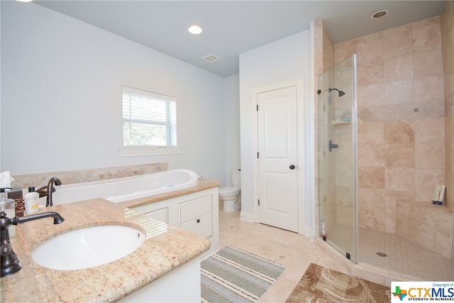 full bathroom featuring toilet, independent shower and bath, vanity, and tile patterned floors