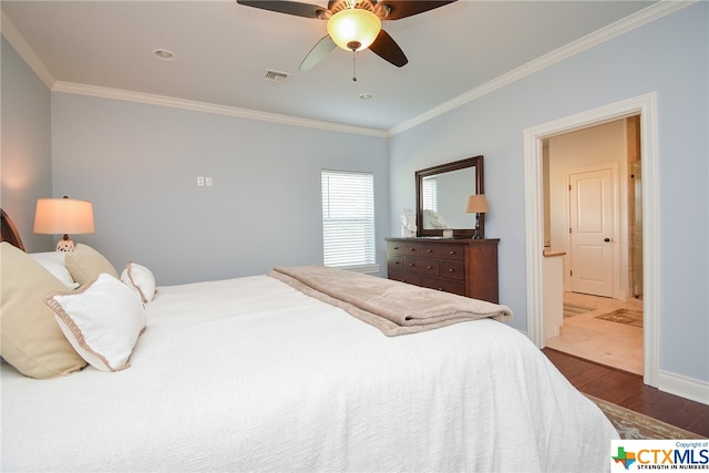 bedroom with ornamental molding, dark hardwood / wood-style floors, and ceiling fan