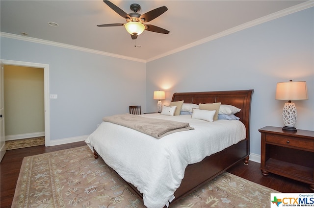 bedroom with hardwood / wood-style floors, ceiling fan, and crown molding