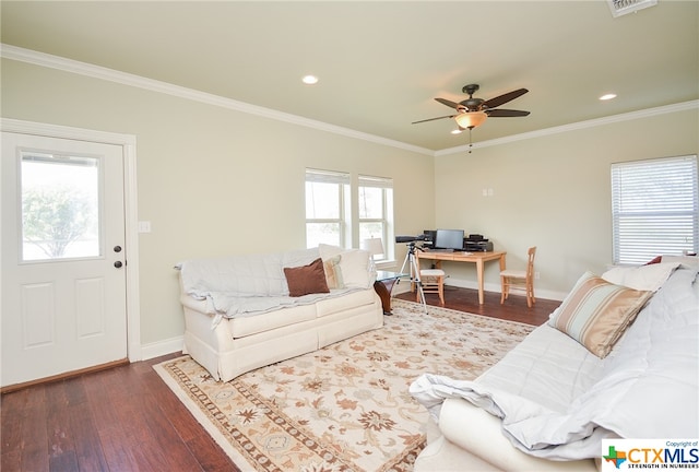 living room with ceiling fan, dark hardwood / wood-style floors, and crown molding