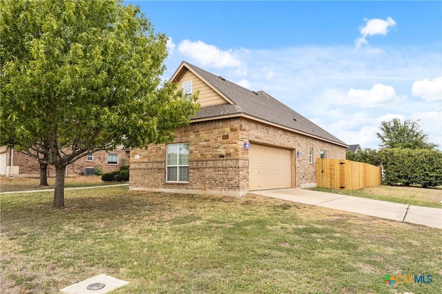 view of property exterior with central AC unit, a garage, and a yard