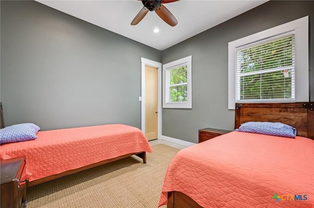 bedroom with baseboards, recessed lighting, and ceiling fan