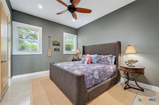 bedroom featuring baseboards, recessed lighting, and ceiling fan