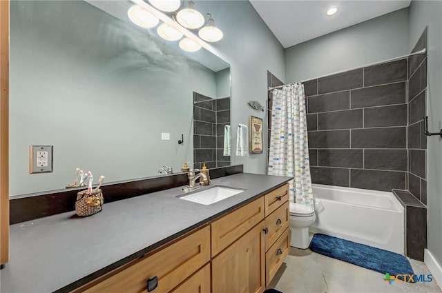 full bathroom featuring shower / bath combination with curtain, toilet, and vanity