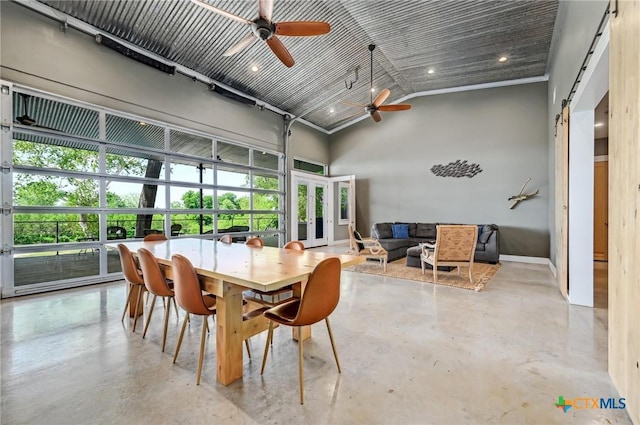 sunroom with outdoor lounge area, french doors, outdoor dining area, and a ceiling fan