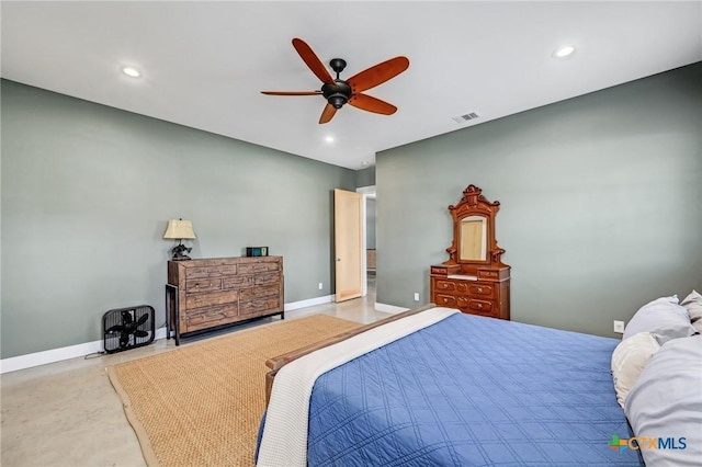 bedroom with recessed lighting, visible vents, ceiling fan, and baseboards