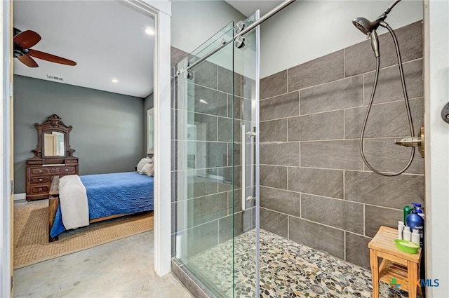 bathroom with a shower stall, visible vents, a ceiling fan, connected bathroom, and concrete floors