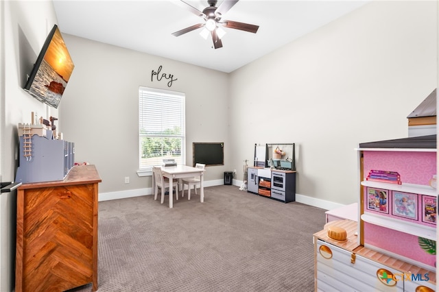 game room featuring ceiling fan and carpet floors