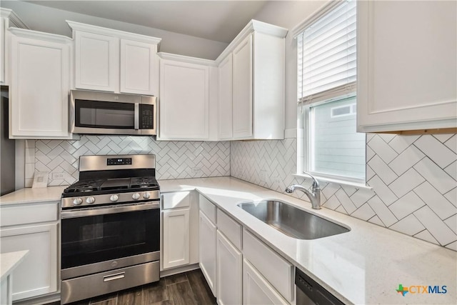 310 Spiny Lizard Ln, San Marcos, TX 78666 - kitchen featuring stainless steel appliances, a sink, white cabinets, and dark wood-type flooring