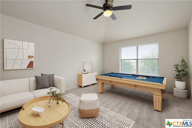 rec room with carpet flooring, ceiling fan, billiards, and vaulted ceiling