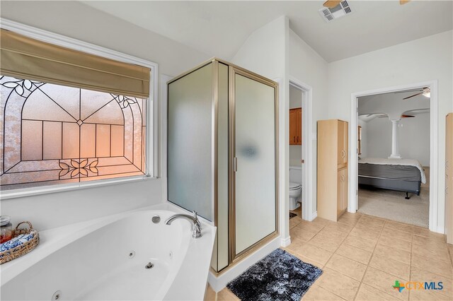 bathroom with toilet, independent shower and bath, tile patterned flooring, and ceiling fan