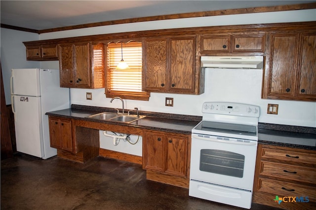 203 S Gisler St, Austwell, TX 77950 - kitchen with sink, white appliances, and hanging light fixtures