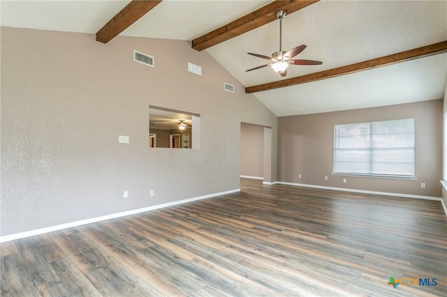 empty room with baseboards, visible vents, dark wood-type flooring, and beamed ceiling