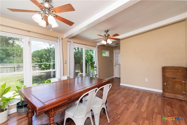 1401 N Penelope St, Belton, TX 76513 - dining room with a ceiling fan, wood finished floors, and beamed ceiling