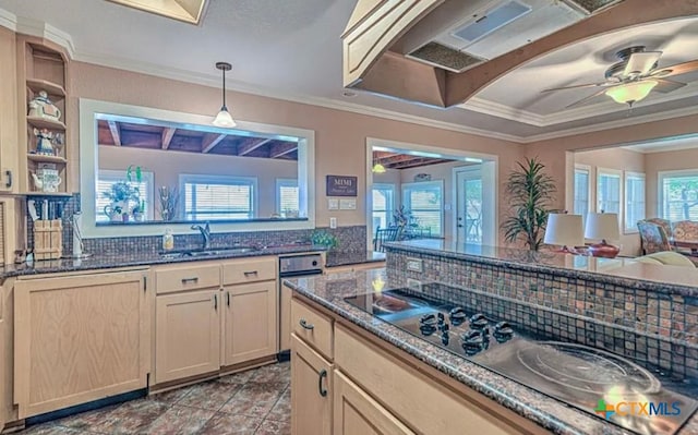 12337 Bonnie Ln, Belton, TX 76513 - kitchen with ceiling fan, sink, backsplash, and ornamental molding