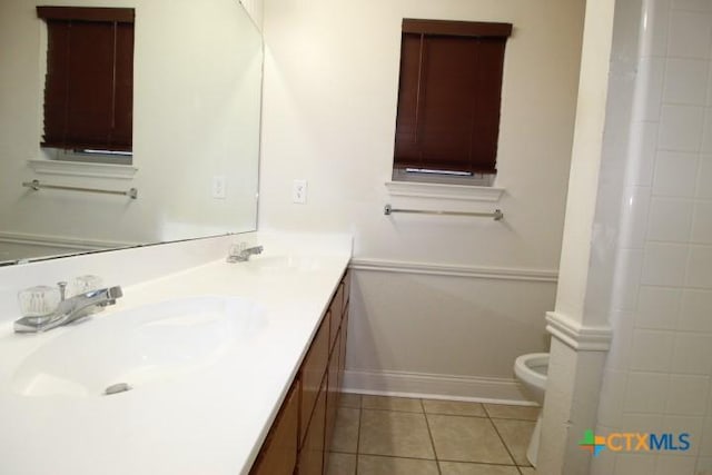 bathroom featuring tile patterned floors, vanity, and toilet