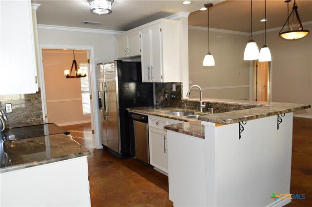 391 County Road 3150, Kempner, TX 76539 - kitchen featuring dishwasher, tasteful backsplash, a peninsula, white cabinets, and dark stone counters