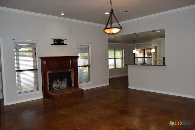 391 County Road 3150, Kempner, TX 76539 - unfurnished living room featuring concrete floors, a fireplace with raised hearth, healthy amount of natural light, crown molding, and recessed lighting