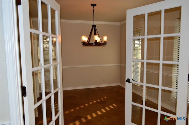 391 County Road 3150, Kempner, TX 76539 - unfurnished dining area featuring french doors, a chandelier, and ornamental molding