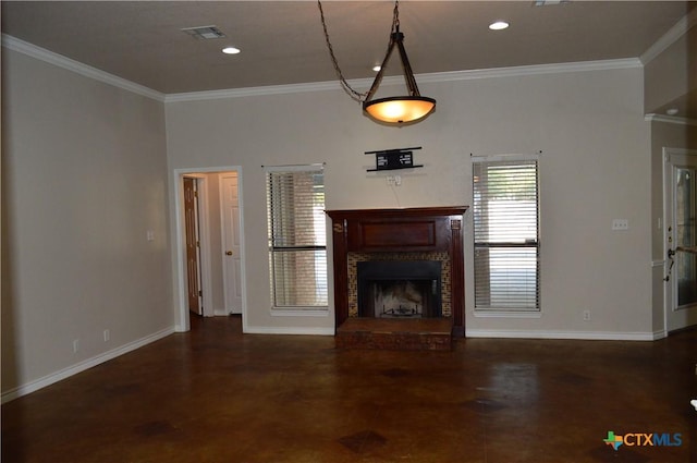 391 County Road 3150, Kempner, TX 76539 - unfurnished living room with a fireplace with raised hearth, crown molding, finished concrete floors, and recessed lighting