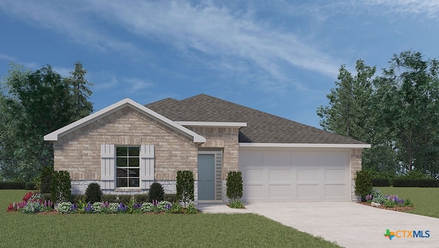 view of front of property featuring a garage and a front lawn