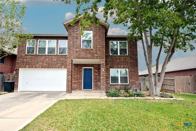 traditional-style house featuring driveway, brick siding, fence, an attached garage, and a front lawn