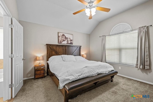 7621 Amber Meadow Loop, Temple, TX 76502 - bedroom with light carpet, lofted ceiling, baseboards, and ceiling fan
