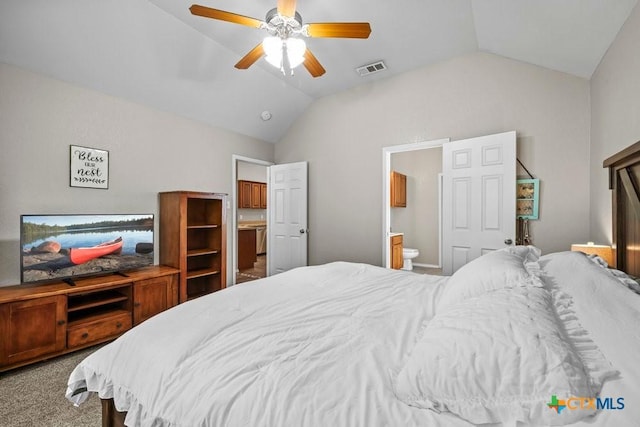 7621 Amber Meadow Loop, Temple, TX 76502 - bedroom featuring lofted ceiling, connected bathroom, carpet flooring, and a ceiling fan