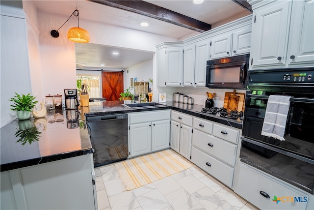 503 Maresh St, Taylor, TX 76574 - kitchen featuring black appliances, dark countertops, white cabinets, beam ceiling, and recessed lighting