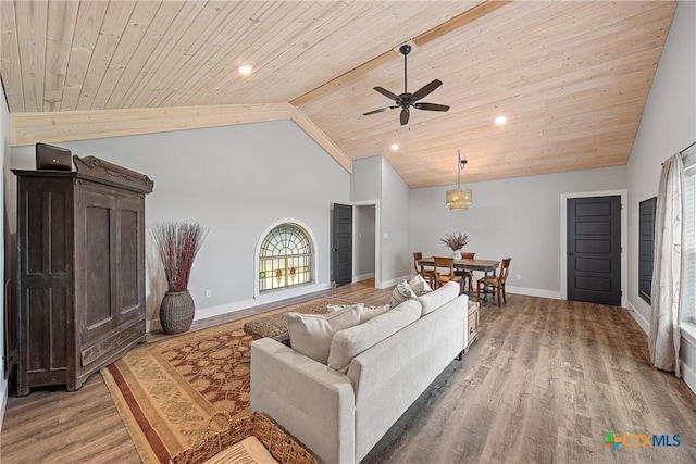 living room with high vaulted ceiling, wooden ceiling, light hardwood / wood-style flooring, and ceiling fan