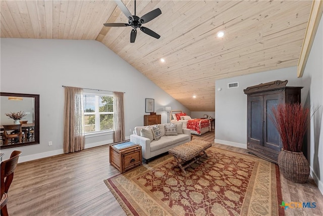 living room featuring ceiling fan, lofted ceiling, wood-type flooring, and wooden ceiling