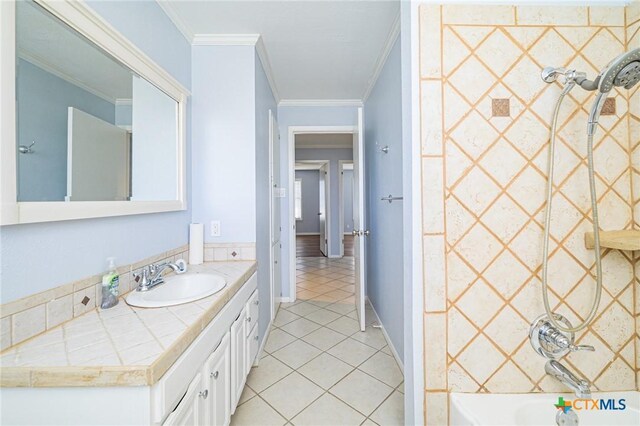 bathroom featuring tile patterned flooring, crown molding, a textured ceiling, and ceiling fan