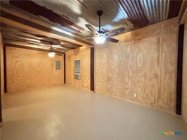 basement featuring wood ceiling, electric panel, ceiling fan, and wood walls