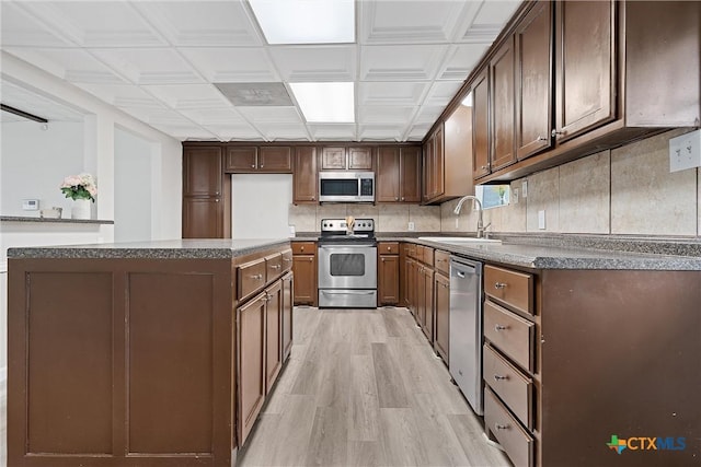 kitchen with sink, a center island, light wood-type flooring, appliances with stainless steel finishes, and decorative backsplash